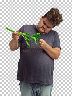 Buy stock photo Plus size, celery and man with vegetable isolated on a transparent png background. Green plants, upset and sad person holding healthy food for vitamins, vegan diet or nutrition benefits for wellness.