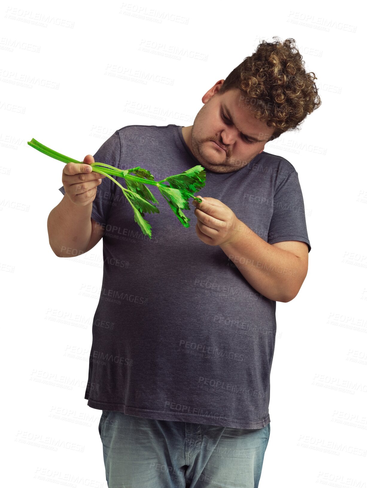 Buy stock photo Plus size, celery and man with vegetable isolated on a transparent png background. Green plants, upset and sad person holding healthy food for vitamins, vegan diet or nutrition benefits for wellness.