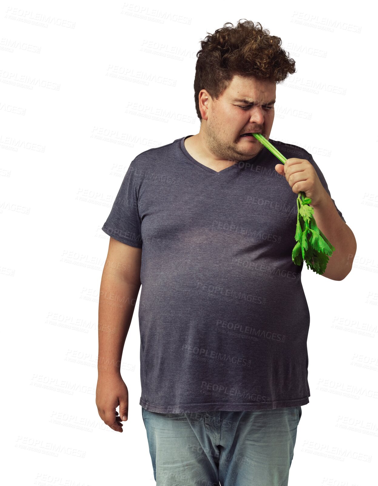 Buy stock photo Plus size man is eating celery, disgust with healthy food and lose weight diet isolated on transparent png background. Health, funny male person or unhappy with vegan, nutrition and vegetables