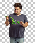 PNG unhappy overweight man holding a celery sticki