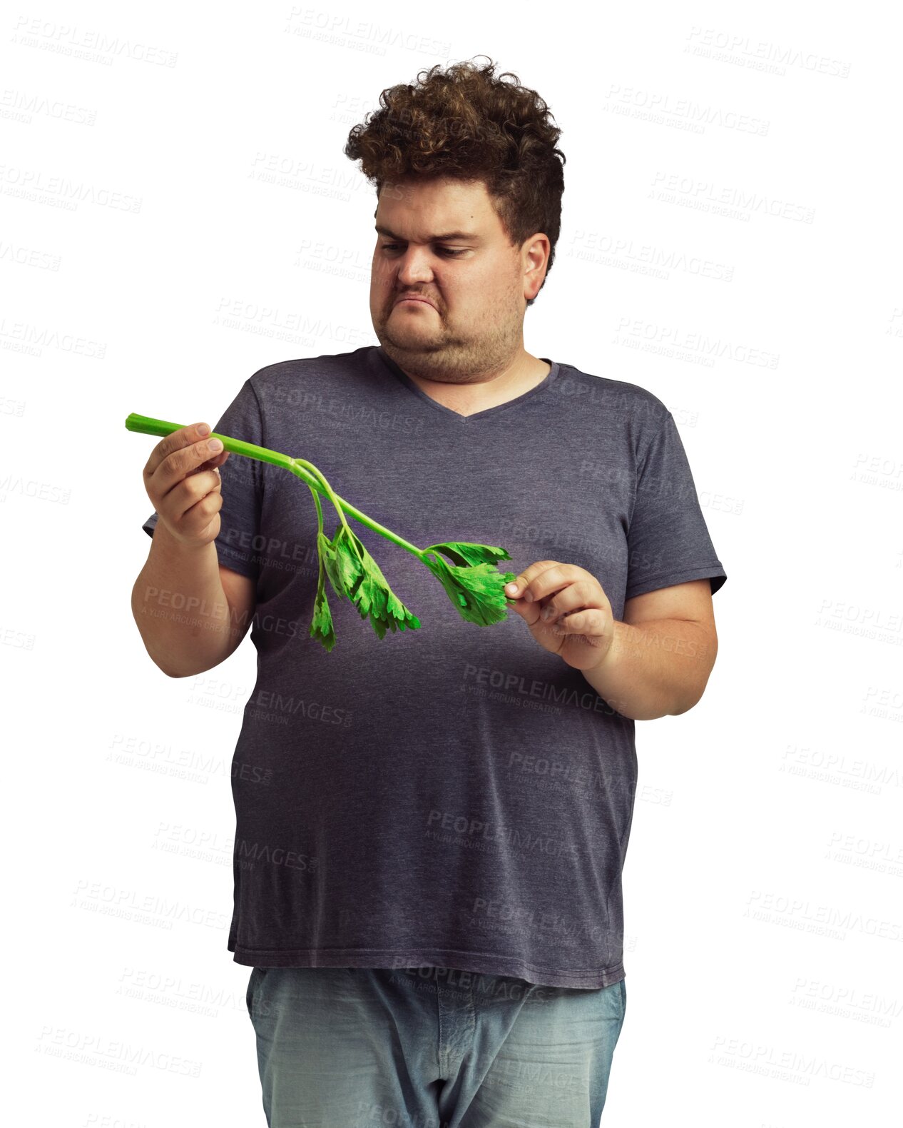 Buy stock photo Plus size man with celery, unhappy with healthy food and diet isolated on transparent png background. Health, male person with funny face of disgust and vegan, nutrition and green vegetables