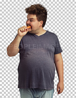 Buy stock photo Carrot, eating and plus size man on diet with healthy food, lose weight journey and hungry isolated on transparent png background. Wellness, vegan and body of young person with vegetable for detox