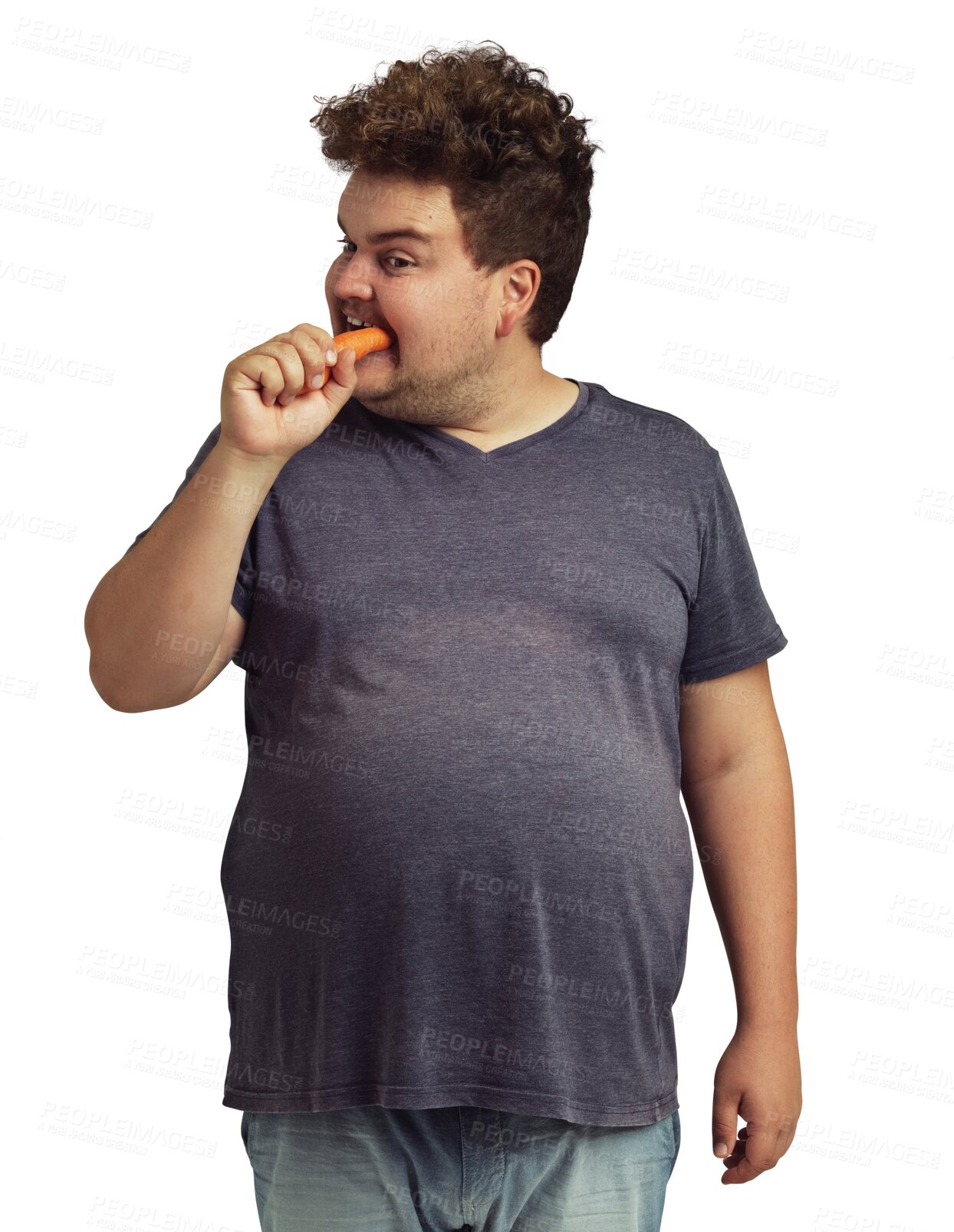 Buy stock photo Carrot, eating and plus size man on diet with healthy food, lose weight journey and hungry isolated on transparent png background. Wellness, vegan and body of young person with vegetable for detox