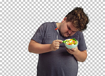 Buy stock photo Plus size man, salad and sad for healthy food with doubt about diet isolated on transparent png background. Male person with vegetables, lose weight for health and fear, eating disorder and nutrition