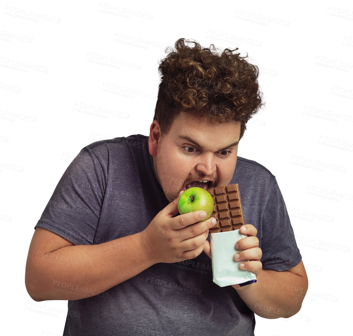 Buy stock photo Apple, chocolate and hungry man eating unhealthy food or diet choice isolated on transparent, png background. Dessert, green fruit and meme or funny plus size person for detox decision or lose weight