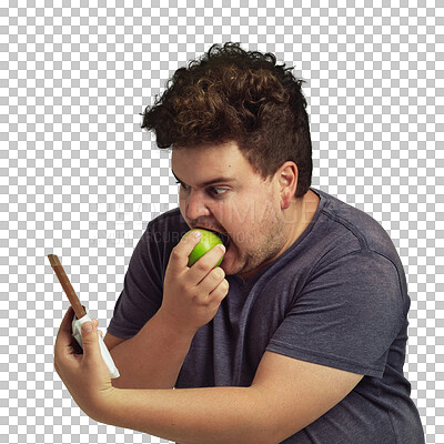 Buy stock photo Chocolate, apple choice and hungry man eating healthy food for diet or detox isolated on transparent png background. Dessert, green fruit and funny plus size person in lose weight decision or balance