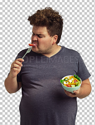 Buy stock photo Diet, salad and angry man eating healthy food, lunch and detox breakfast isolated on transparent, png background. Plus size model or young person frustrated with fruits or vegetables for body health