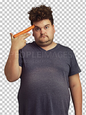 Buy stock photo Plus size, carrot gun and man in portrait isolated on a transparent png background. Vegetables, carrots and sad person unhappy with diet, nutrition and vitamins, plants and food, health or wellness.