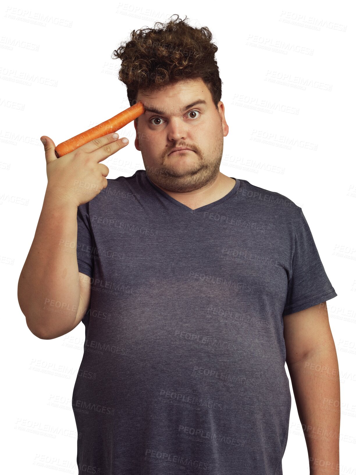 Buy stock photo Plus size, carrot gun and man in portrait isolated on a transparent png background. Vegetables, carrots and sad person unhappy with diet, nutrition and vitamins, plants and food, health or wellness.