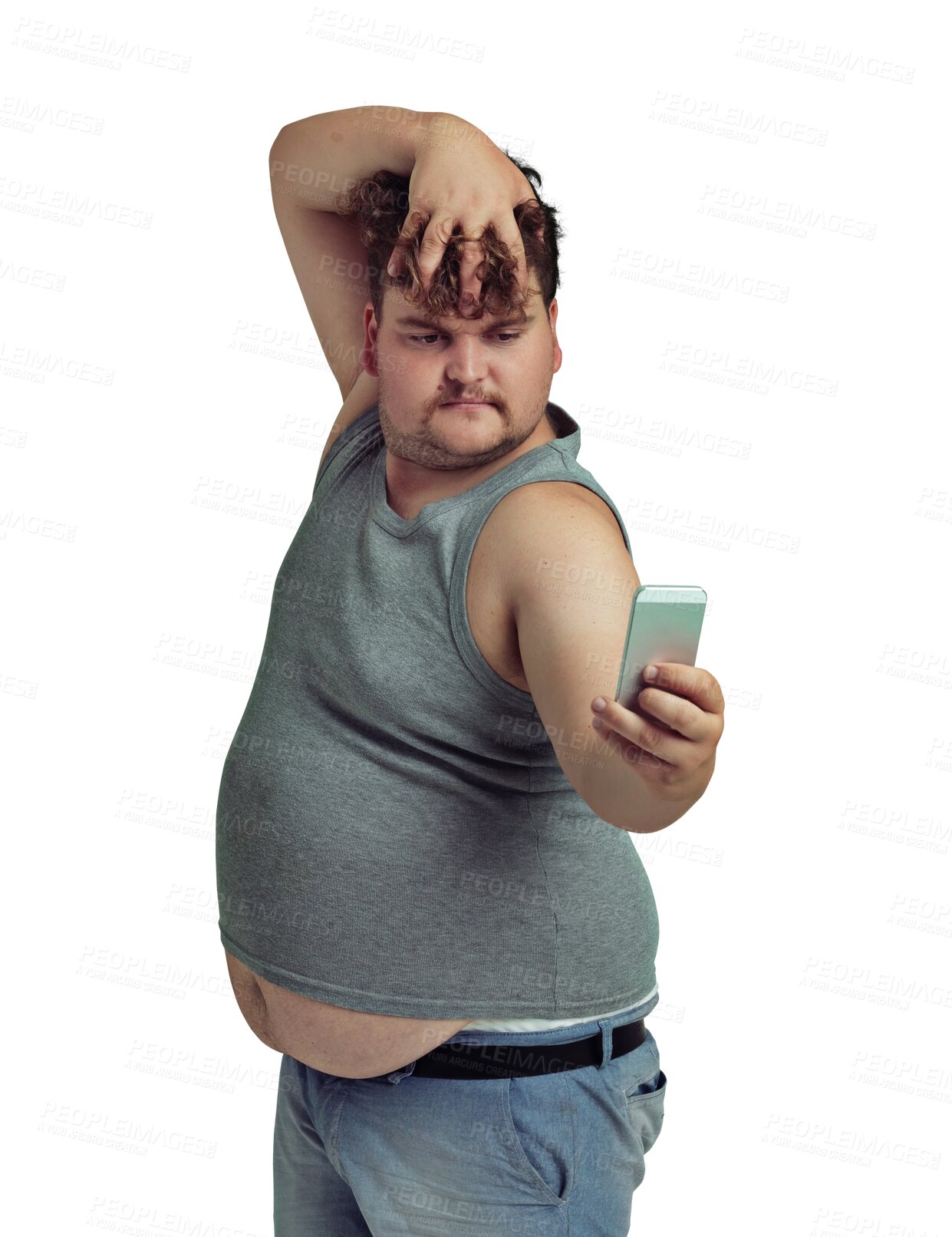 Buy stock photo Isolated plus size man, selfie and hand in hair, body positive and pride in youth for blog by transparent png background. Young guy, student and photography for social network, app or profile picture