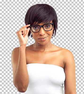 Buy stock photo Glasses, looking and portrait of african woman, isolated on transparent png background for optometry or frame choice. Face, check and young person or model with eye care promotion, sale and retail