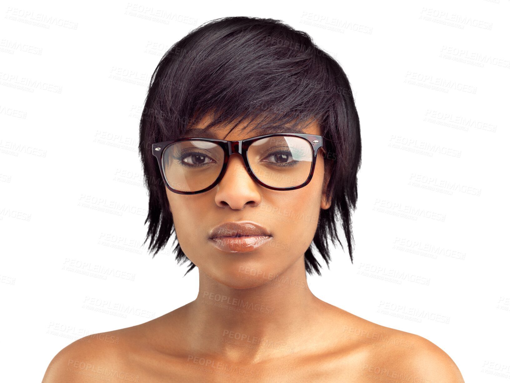 Buy stock photo Black woman in portrait, glasses and vision with beauty, cosmetics and eye care isolated on transparent png background. Skincare, glow and African female model in eyewear, prescription lens and frame