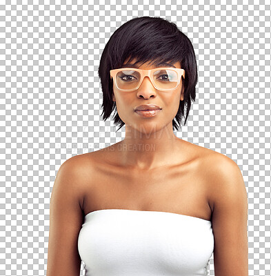 Buy stock photo Black woman in fashion glasses, portrait and beauty with vision and style isolated on transparent png background. Female model in designer eyewear, prescription lens with skin glow and dermatology