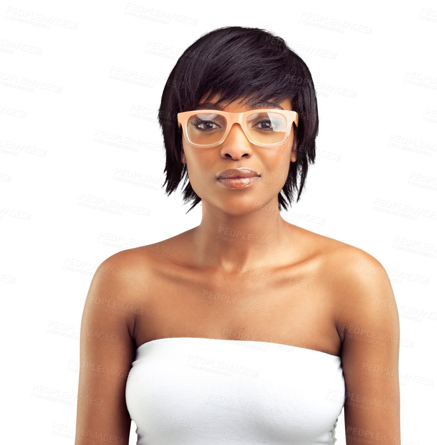 Buy stock photo Black woman in fashion glasses, portrait and beauty with vision and style isolated on transparent png background. Female model in designer eyewear, prescription lens with skin glow and dermatology