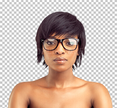 Buy stock photo Black woman in portrait, glasses and eye care with beauty, cosmetics and vision isolated on transparent png background. Skincare, glow and African female model in eyewear, prescription lens and frame