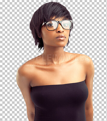 Buy stock photo Glasses, portrait of black woman with serious face isolated and against a transparent png background. Concentrating or proud, geek or nerd and young African female person pose for natural beauty