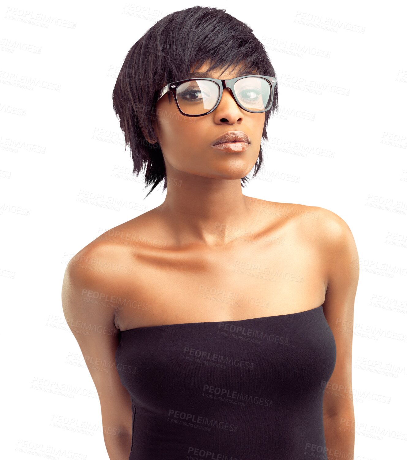 Buy stock photo Glasses, portrait of black woman with serious face isolated and against a transparent png background. Concentrating or proud, geek or nerd and young African female person pose for natural beauty