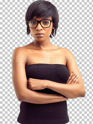 Buy stock photo Portrait, black woman with her arms crossed and glasses isolated against a transparent png background. Confident or empowerment, geek or nerd and young African female person pose for concentration 