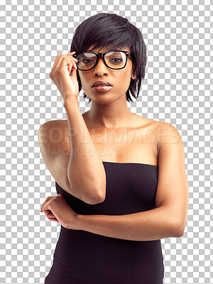 Buy stock photo Portrait, vision and black woman with glasses for eye care, prescription or eyesight on isolated, transparent or PNG background. Girl, focus on eyes and spectacles for optometry lens or eyewear frame