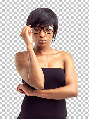 Buy stock photo Portrait, serious black woman and glasses for eye care, prescription or eyesight on isolated, transparent or PNG background. Girl, focus on eyes and spectacles for optometry lens or eyewear frame