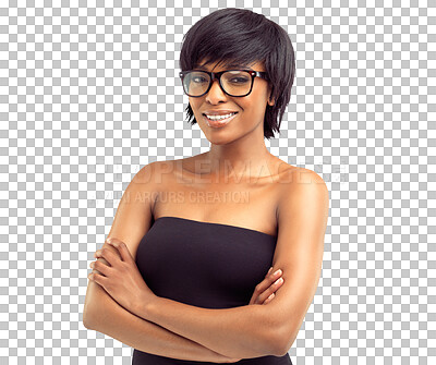 Buy stock photo Portrait, happy woman and arms crossed isolated on transparent png background and confident with frame choice. Proud, confidence and face of african person or model in glasses and smile for eye care