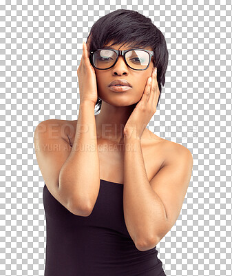 Buy stock photo Beauty, glasses and face portrait of a black woman isolated on a transparent, png background. African female model person with eye care, vision and short hair for fashion frame or lens and confidence