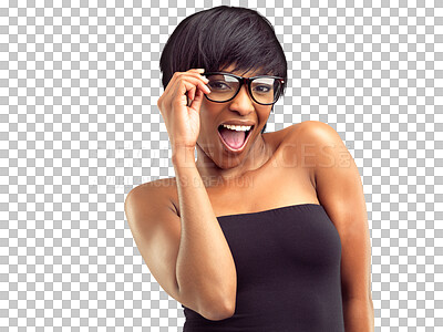 Buy stock photo Glasses, excited and african woman in portrait isolated on transparent png background for optometry or frame choice. Face, check and young person or model wow for eye care promotion, sale or discount