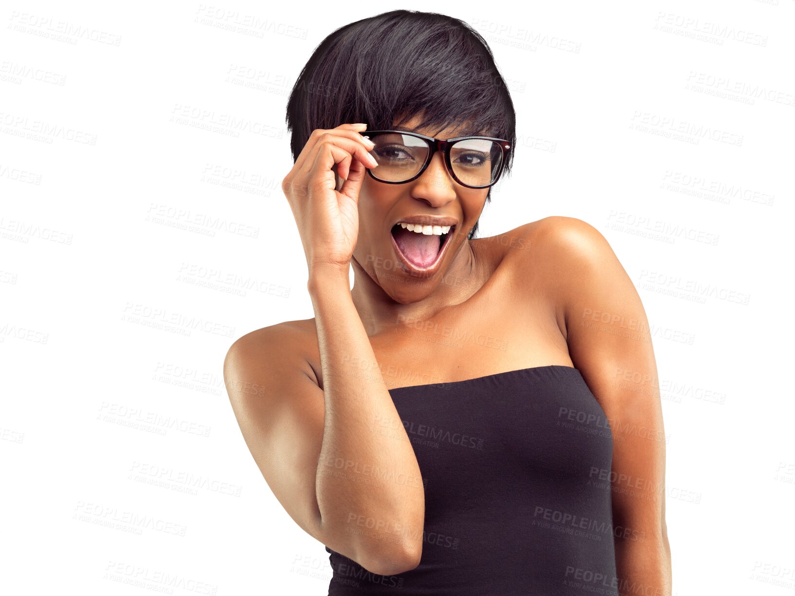 Buy stock photo Glasses, excited and african woman in portrait isolated on transparent png background for optometry or frame choice. Face, check and young person or model wow for eye care promotion, sale or discount