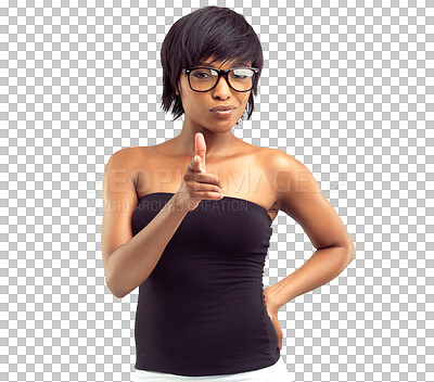 Buy stock photo Black woman, flirt and finger gun isolated against a transparent png background for success. Victory or achievement, deal and African woman with hand emoji for winner or correct sign gesture