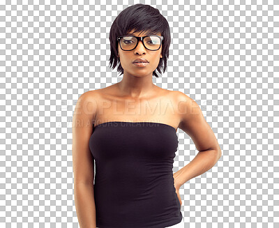 Buy stock photo Glasses, face and serious portrait of a black woman isolated on a transparent, png background. African female model person with eye care, vision and wig hair for fashion, focus and frame or lens