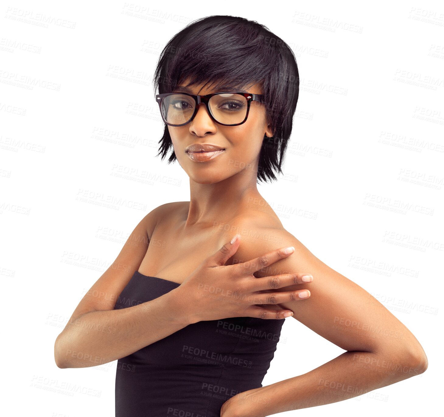Buy stock photo Beauty, glasses and face of a happy black woman isolated on a transparent, png background. African female model portrait with eye care, vision and short hair for fashion, confidence and frame or lens