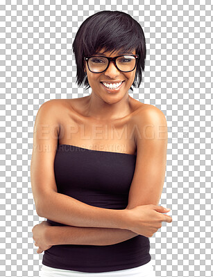 Buy stock photo Happy, portrait and black woman with glasses and arms crossed isolated on transparent png background. Prescription, spectacles and female person with eyewear, lens and frame for eyesight in optometry