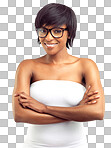 PNG portrait of a smiling african woman wearing spectacles with her arms crossed.