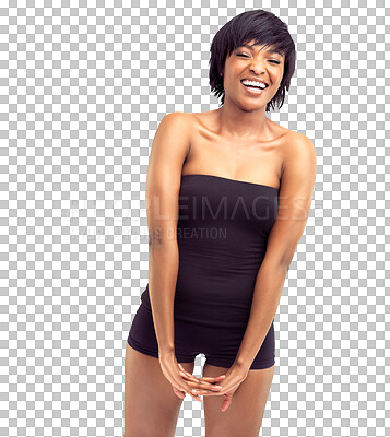 Buy stock photo Portrait, funny and black woman with happiness, humor and cheerful lady isolated against a transparent background. African female person or model laughing for joke with png, wellness and happy comedy