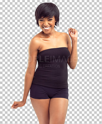 Buy stock photo Dance, underwear and happy woman in portrait for skincare, health or beauty isolated on transparent png background. Dancing, celebration and young person or excited model for body care or dermatology