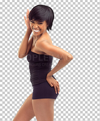 Buy stock photo Happiness, body and portrait of excited woman isolated on transparent png background with self care, pride and smile. Beauty, confidence and happy African model with underwear, wellness and health.