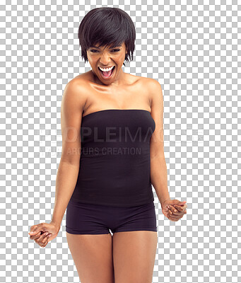 Buy stock photo Dancing, wow and woman portrait for fitness, training or excited for body results isolated on transparent png background. Dance, celebration and young person or model for health workout in underwear