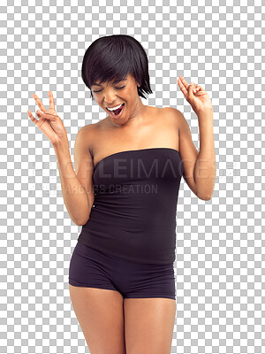 Buy stock photo Peace sign, body and dance, excited woman isolated on transparent png background with self care and pride. Natural beauty, confidence and happy African model dancing in underwear with fun mindset.