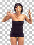 PNG of a beautiful smiling african woman in a white studio, making peace signs and a kissy-face.