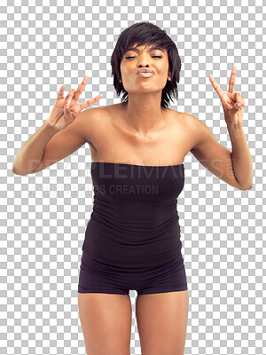 Buy stock photo Love, black woman pout with peace sign and isolated against a transparent png background for selfcare. Freedom, carefree and young African female person with hand emoji gesture for motivation