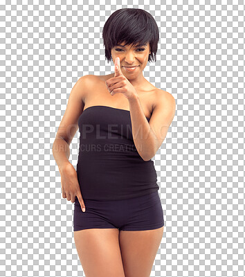 Buy stock photo Confident, pointing and portrait of woman with aim isolated on a transparent png background with smile. Natural beauty, confidence and proud african model with underwear, wellness and gun gesture.