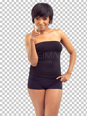 Buy stock photo Confident, body and portrait of happy woman, pointing and isolated on transparent png background with self care. Natural beauty, confidence and proud African model with underwear, wellness and health