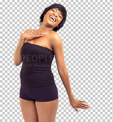 Buy stock photo Beauty, healthy and a woman laughing in underwear isolated on a transparent, png background. Happy black female aesthetic model in bodysuit or lingerie for weight loss, body or wellness results