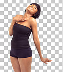 PNG of a beautiful smiling african woman in a white studio, looking sweet and happy.