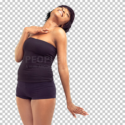 Buy stock photo Happy black woman, smile and freedom standing in joyful happiness isolated on a transparent PNG background. Excited African female person or young model posing in relax or carefree for casual fashion