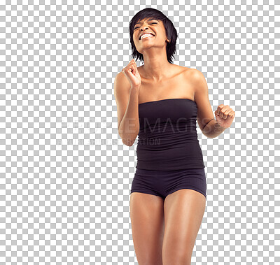 Buy stock photo Woman, dance and body with happiness in underwear with transparent or png and isolated background in africa. Dancing, lingerie and happy with positivity or confidence with humour or self love.