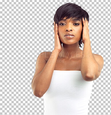 Buy stock photo Black woman, beauty with face and skincare with natural cosmetics isolated on transparent png background. Healthy glow, grooming and female model touching skin, dermatology and haircare in portrait