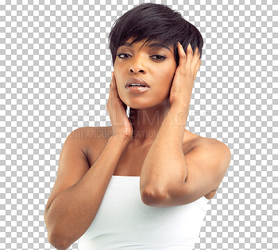 Buy stock photo Portrait, sexy and black woman with beauty, cosmetics and confident model isolated against a transparent background. Face, female person and girl with dermatology, seductive and png with grooming