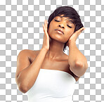 PNG of an elegant african woman touching her skin and hair with her eyes closed.