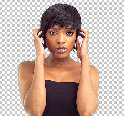 Buy stock photo Isolated African woman, portrait or hairstyle for beauty, makeup or cosmetic by transparent png background. Girl, black model and youth with wellness, hair care and pixie style for aesthetic